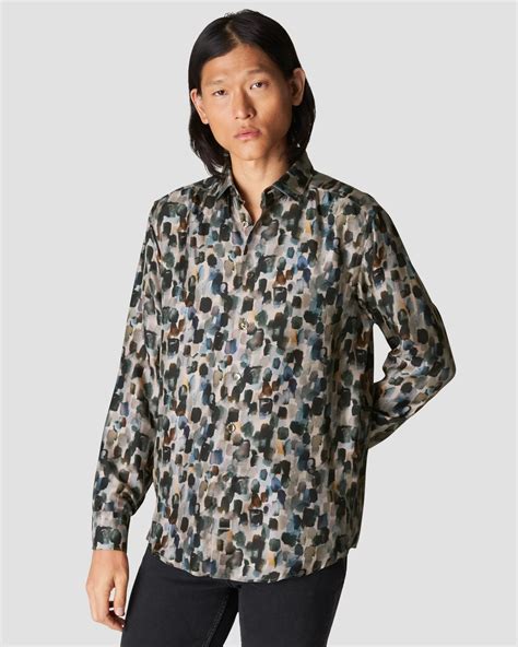 Navy Printed Twill Silk Shirt 